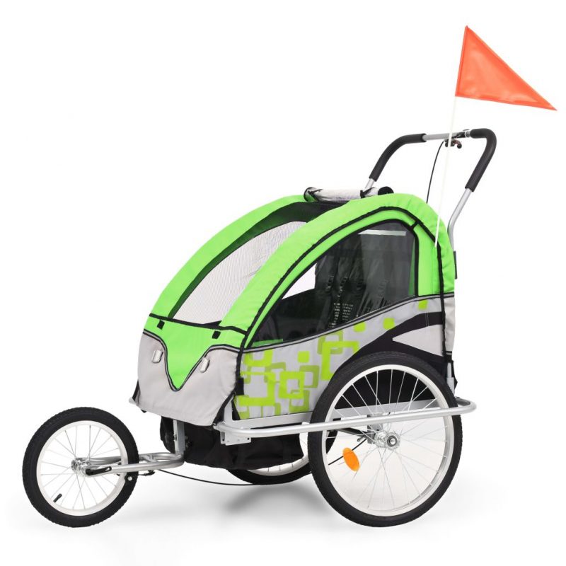 2-v-1 Otroška kolesarska prikolica in voziček zelena in siva