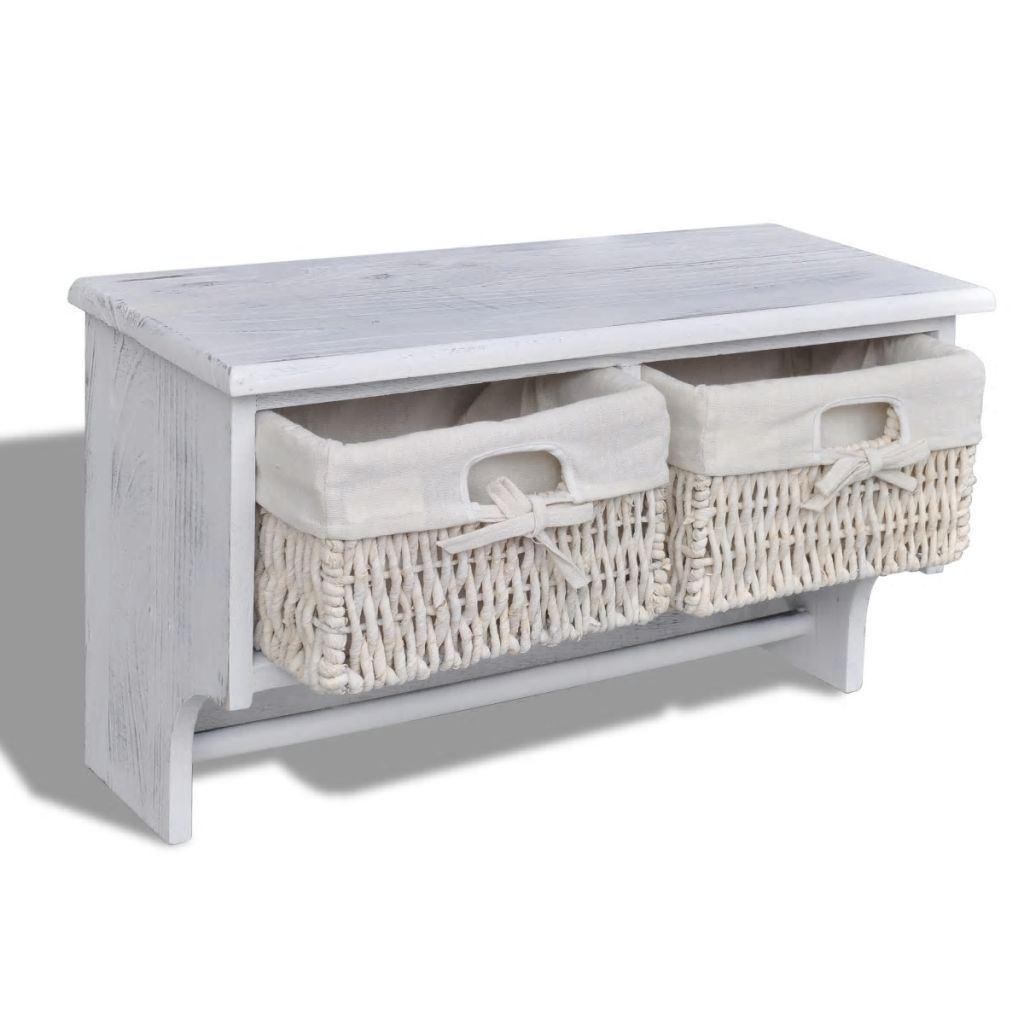 Bela Lesena Stenska Polica z Obešali 2 Pleteni Košari 4 Obešala