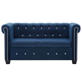 Kavč dvosed Chesterfield z žametno oblogo 146x75x72 cm moder