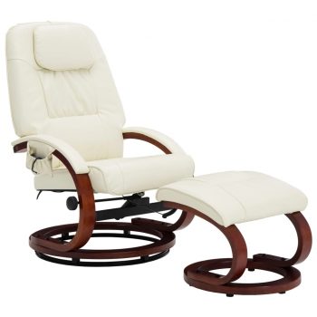 Masažni fotelj s stolčkom za noge kremno bel iz umetnega usnja