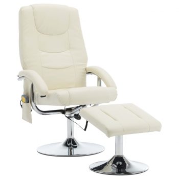 Masažni fotelj s stolčkom za noge kremno bel iz umetnega usnja