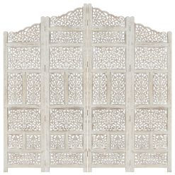 Ročno izrezljan paravan 4-delni bel 160x165 cm trden mangov les