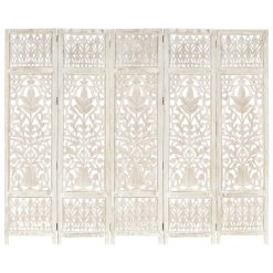 Ročno izrezljan paravan 5-delni bel 200x165 cm trden mangov les