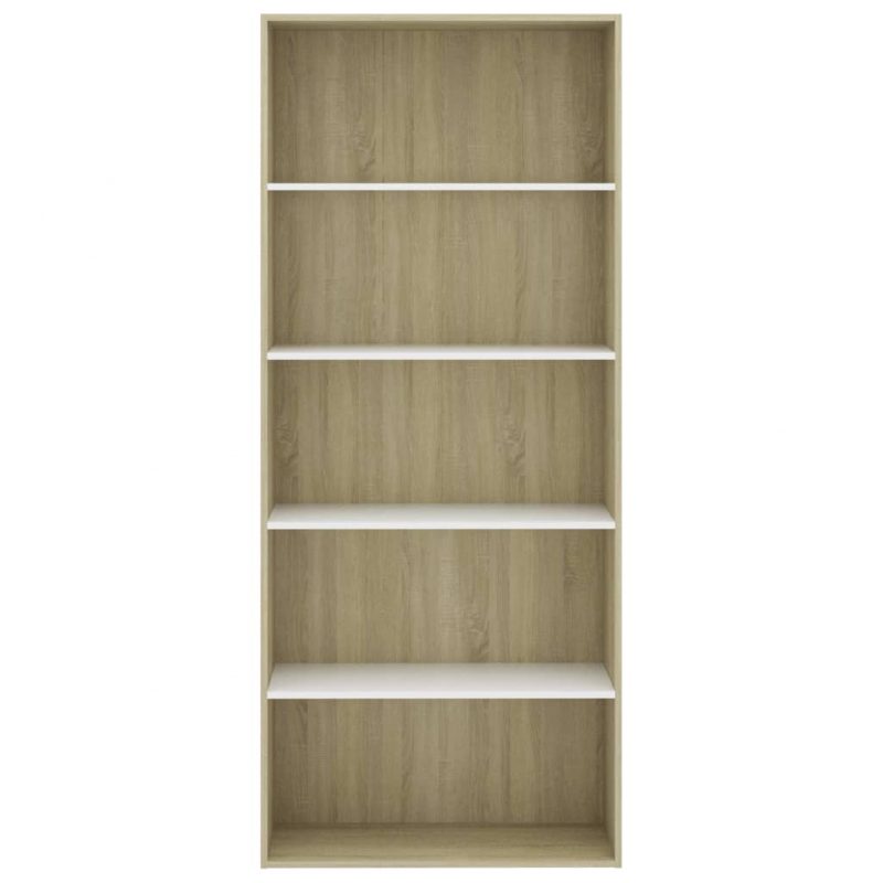 Knjižna omara 5-nadstropna bela in sonoma hrast 80x30x189 cm
