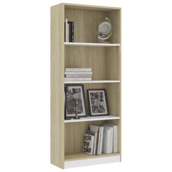 Knjižna omara 4-nadstropna bela in sonoma hrast 60x24x142 cm
