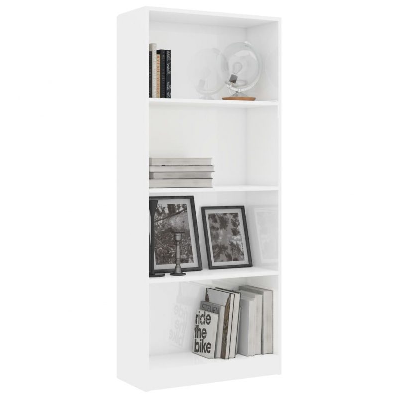 Knjižna omara 4-nadstropna visok sijaj bela 60x24x142 cm