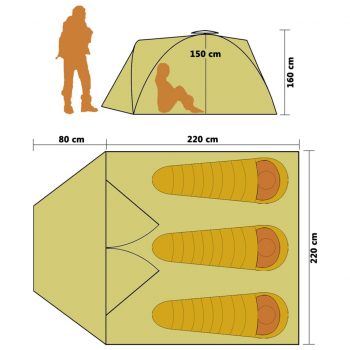 Pop up šotor za kampiranje za 3 osebe rumen