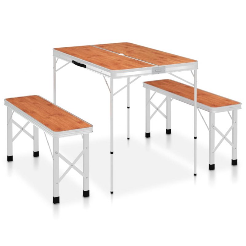 Zložljiva kamping miza z 2 klopema aluminij rjave barve