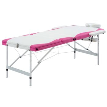 3-conska zložljiva masažna miza aluminij bele in roza barve