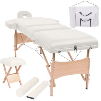 Komplet 3-conske zložljive masažne mize in stolčka bele barve