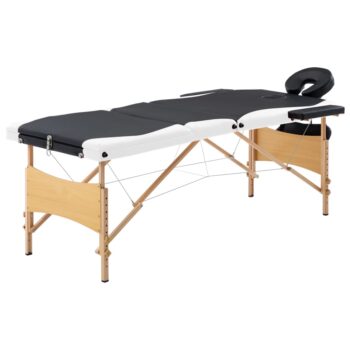 Zložljiva masažna miza 3-conska les črna in bela