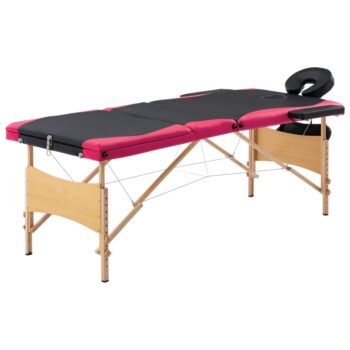Zložljiva masažna miza 3-conska les črna in roza