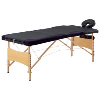 Zložljiva masažna miza 3-conska les črna in vijolična