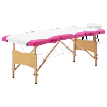 Zložljiva masažna miza 4-conska les bela in roza
