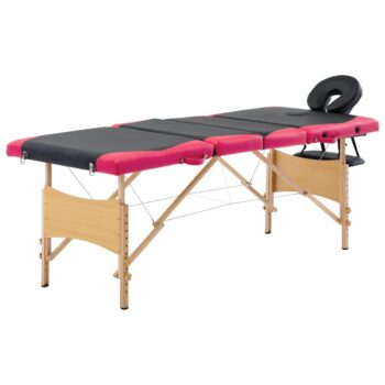 Zložljiva masažna miza 4-conska les črna in roza