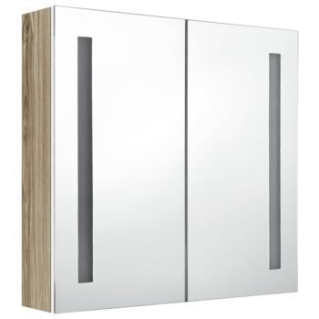 LED kopalniška omarica z ogledalom bela in hrast 62x14x60 cm