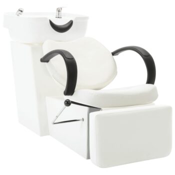 Salonski stol z umivalnikom za glavo belo umetno usnje