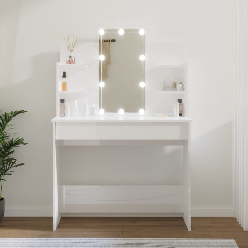 Toaletna mizica z LED lučkami visok sijaj bela 96x40x142 cm