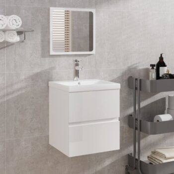 Kopalniška omarica z umivalnikom in ogledalom visok sijaj bela