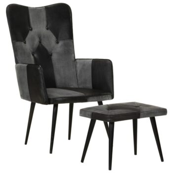 Fotelj s stolčkom za noge črno pravo usnje in platno