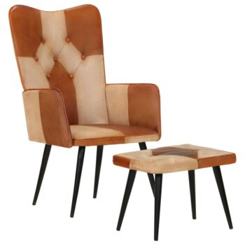 Fotelj s stolčkom za noge rjavo pravo usnje in platno