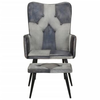 Fotelj s stolčkom za noge sivo pravo usnje in platno
