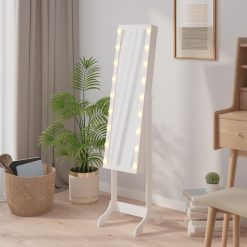Prostostoječe ogledalo z LED lučkami belo 34x37x146 cm