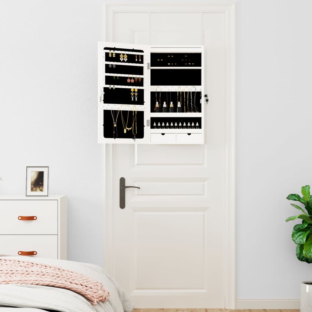 Omarica za nakit z ogledalom in LED lučmi stenska bela