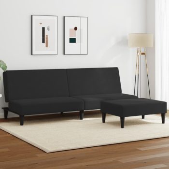 Kavč dvosed z ležiščem in stolčkom za noge črn žamet