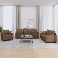 Sedežna garnitura 3-delna z vzglavniki rjavo blago